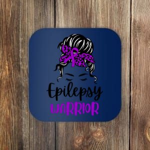 Epilepsy Awareness Woman Glasses Messy Bun Leopard Bandana Coaster