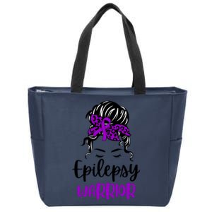 Epilepsy Awareness Woman Glasses Messy Bun Leopard Bandana Zip Tote Bag