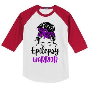 Epilepsy Awareness Woman Glasses Messy Bun Leopard Bandana Kids Colorblock Raglan Jersey