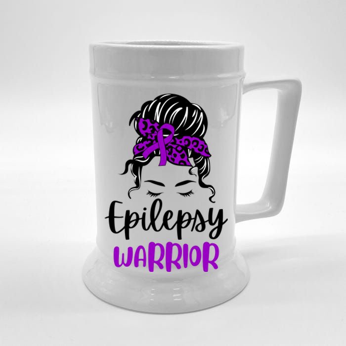 Epilepsy Awareness Woman Glasses Messy Bun Leopard Bandana Beer Stein