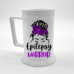 Epilepsy Awareness Woman Glasses Messy Bun Leopard Bandana Beer Stein