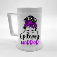 Epilepsy Awareness Woman Glasses Messy Bun Leopard Bandana Beer Stein