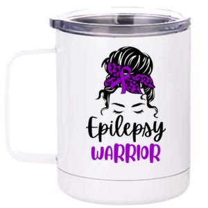 Epilepsy Awareness Woman Glasses Messy Bun Leopard Bandana 12 oz Stainless Steel Tumbler Cup