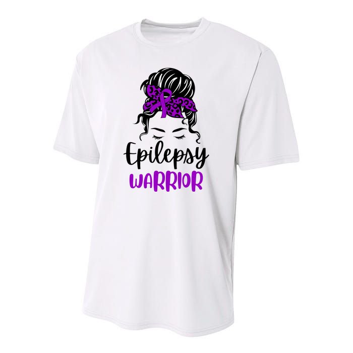 Epilepsy Awareness Woman Glasses Messy Bun Leopard Bandana Youth Performance Sprint T-Shirt