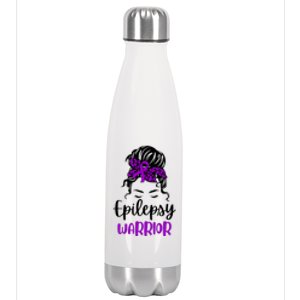 Epilepsy Awareness Woman Glasses Messy Bun Leopard Bandana Stainless Steel Insulated Water Bottle