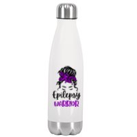 Epilepsy Awareness Woman Glasses Messy Bun Leopard Bandana Stainless Steel Insulated Water Bottle