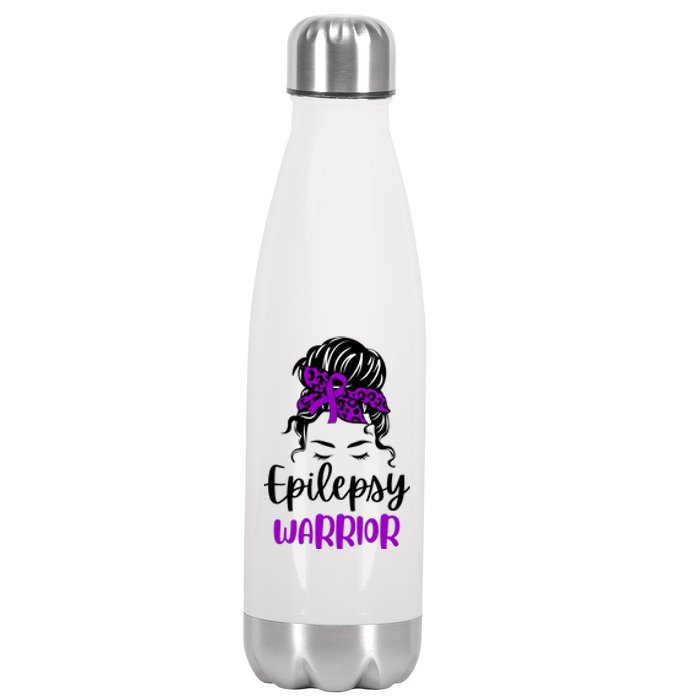 Epilepsy Awareness Woman Glasses Messy Bun Leopard Bandana Stainless Steel Insulated Water Bottle