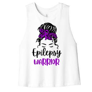 Epilepsy Awareness Woman Glasses Messy Bun Leopard Bandana Women's Racerback Cropped Tank