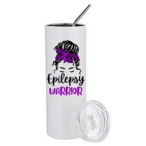 Epilepsy Awareness Woman Glasses Messy Bun Leopard Bandana Stainless Steel Tumbler