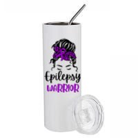 Epilepsy Awareness Woman Glasses Messy Bun Leopard Bandana Stainless Steel Tumbler