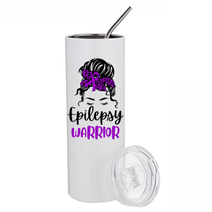 Epilepsy Awareness Woman Glasses Messy Bun Leopard Bandana Stainless Steel Tumbler