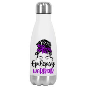 Epilepsy Awareness Woman Glasses Messy Bun Leopard Bandana Stainless Steel Insulated Water Bottle