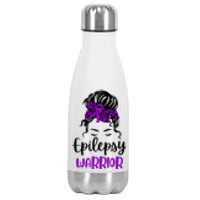 Epilepsy Awareness Woman Glasses Messy Bun Leopard Bandana Stainless Steel Insulated Water Bottle