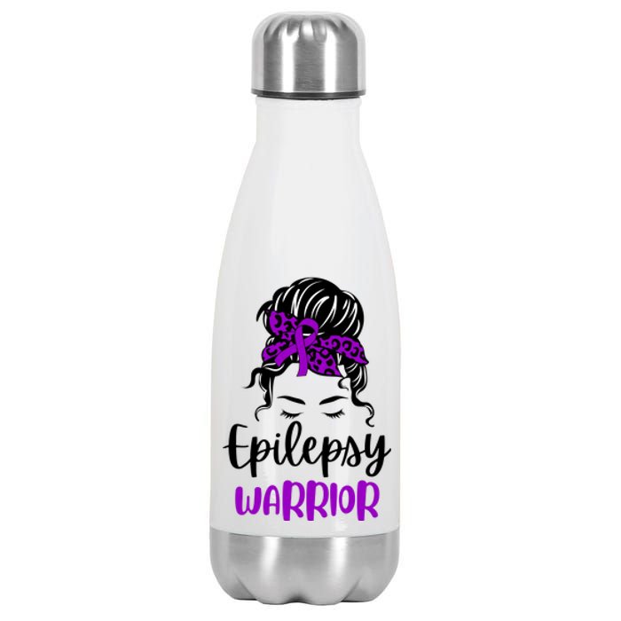 Epilepsy Awareness Woman Glasses Messy Bun Leopard Bandana Stainless Steel Insulated Water Bottle