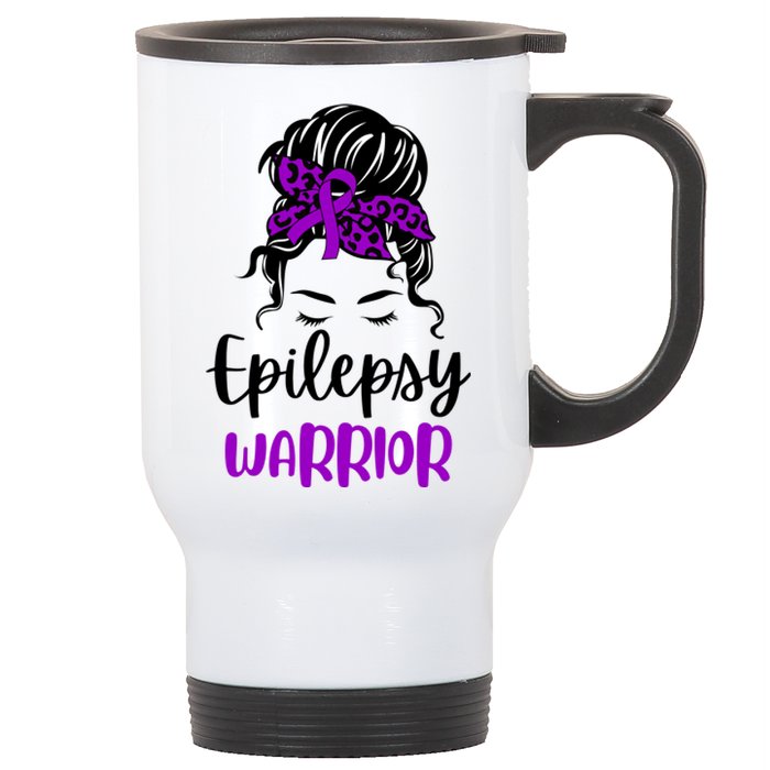 Epilepsy Awareness Woman Glasses Messy Bun Leopard Bandana Stainless Steel Travel Mug