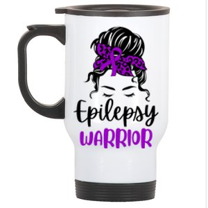 Epilepsy Awareness Woman Glasses Messy Bun Leopard Bandana Stainless Steel Travel Mug