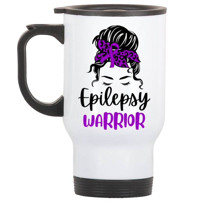 Epilepsy Awareness Woman Glasses Messy Bun Leopard Bandana Stainless Steel Travel Mug