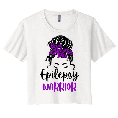 Epilepsy Awareness Woman Glasses Messy Bun Leopard Bandana Women's Crop Top Tee