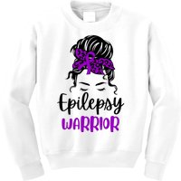 Epilepsy Awareness Woman Glasses Messy Bun Leopard Bandana Kids Sweatshirt