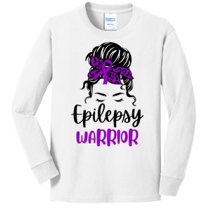 Epilepsy Awareness Woman Glasses Messy Bun Leopard Bandana Kids Long Sleeve Shirt