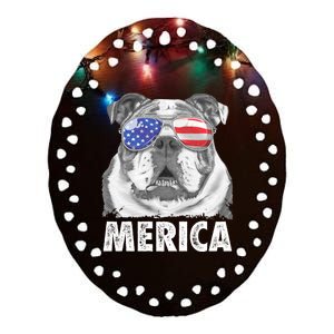 English Bulldog 4th Of July Merica Usa Flag Retro Ceramic Oval Ornament