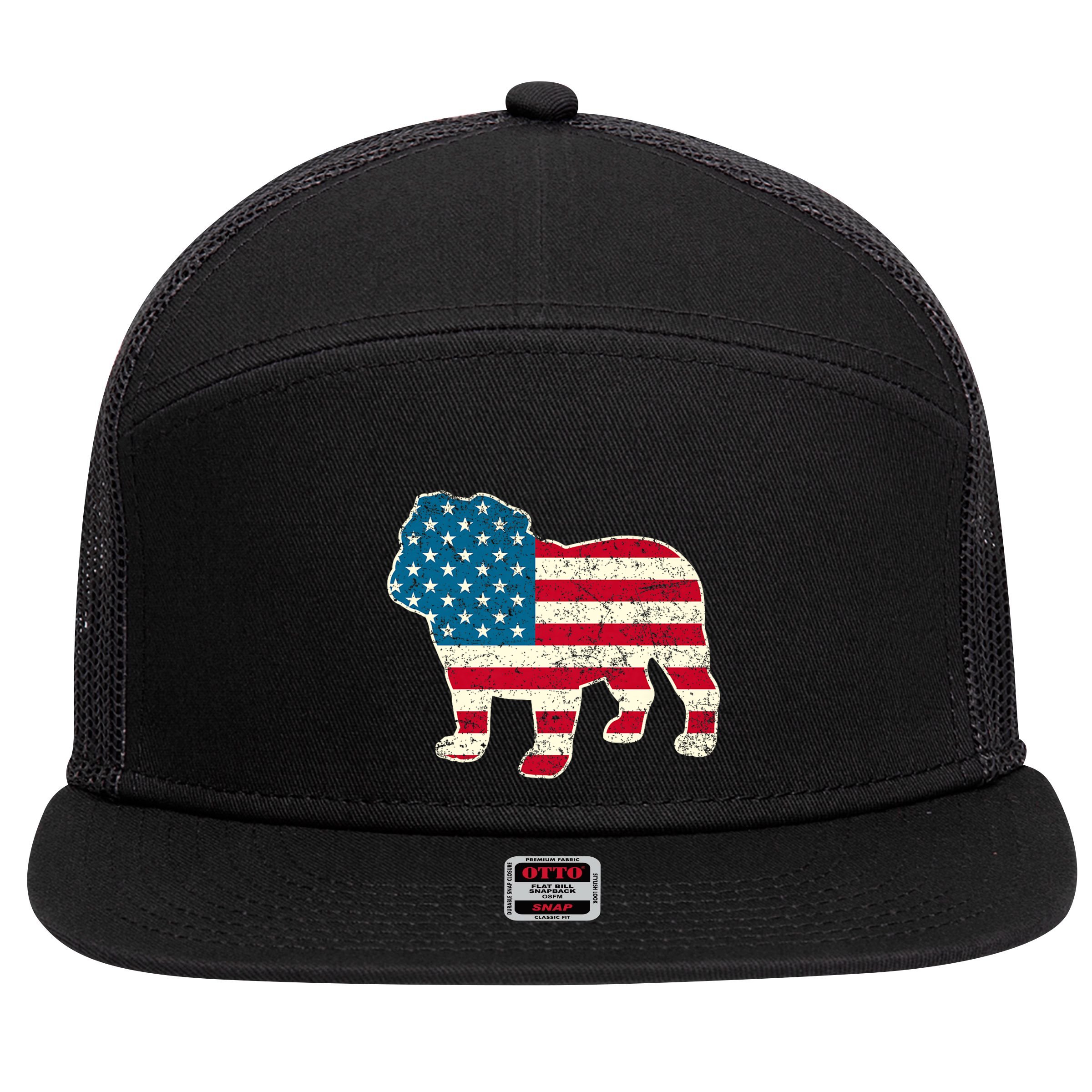 English Bulldog 4th Of July Dog American Flag Usa 7 Panel Mesh Trucker Snapback Hat