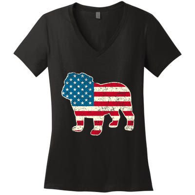 English Bulldog 4th Of July Dog American Flag Usa Women's V-Neck T-Shirt