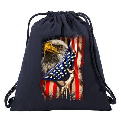 Eagle Behind American Flag 4th Of July Patriotic Eagle Lover Gift Drawstring Bag