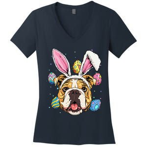 Easter Bunny American Bulldog Dog Women Women's V-Neck T-Shirt