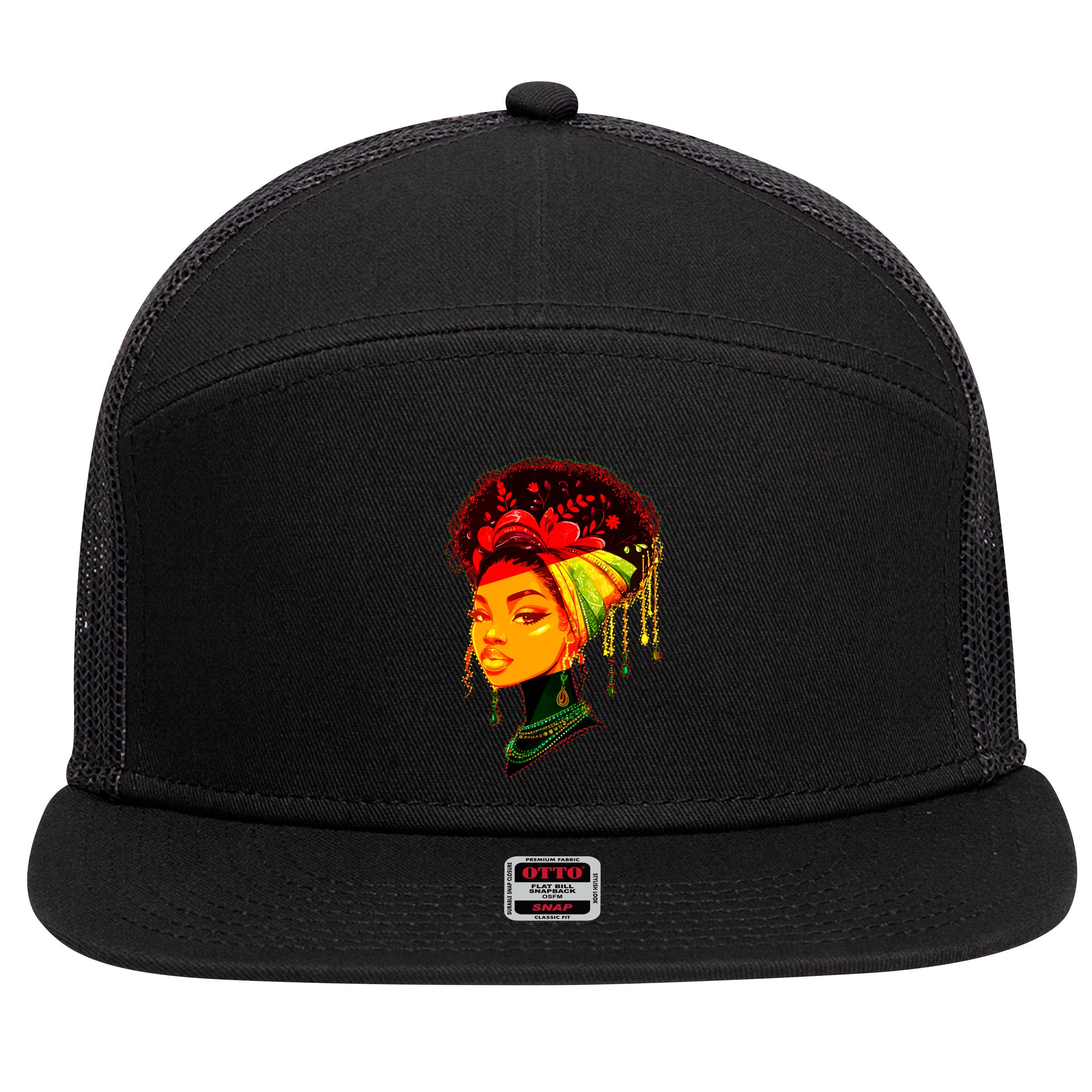 Elegant Black African American Woman With Afro Head Wrap 7 Panel Mesh Trucker Snapback Hat