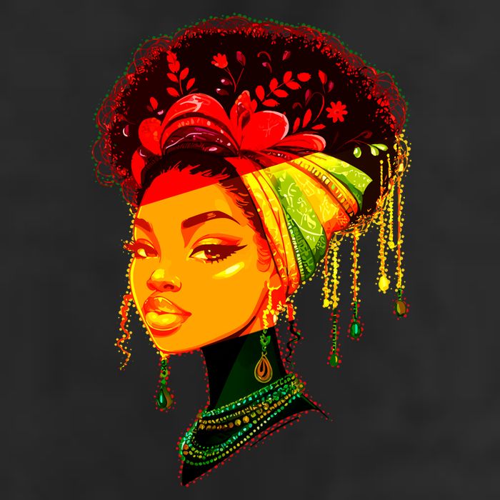 Elegant Black African American Woman With Afro Head Wrap 7 Panel Mesh Trucker Snapback Hat