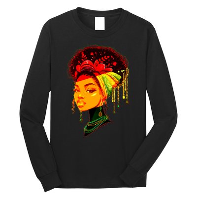Elegant Black African American Woman With Afro Head Wrap Long Sleeve Shirt