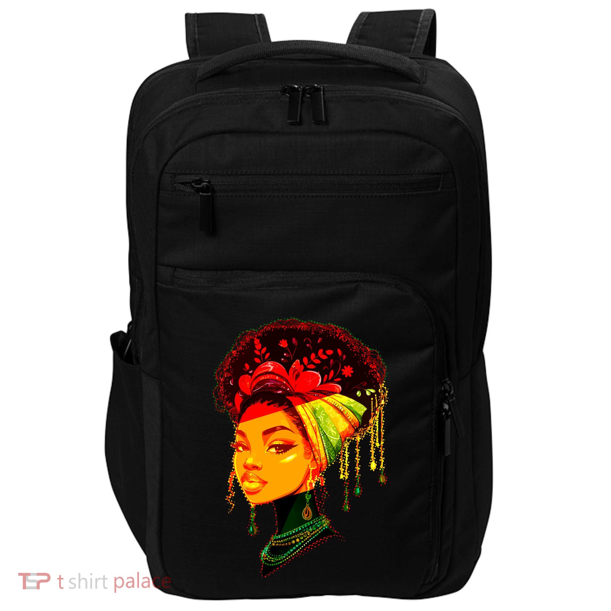 Elegant Black African American Woman With Afro Head Wrap Impact Tech Backpack