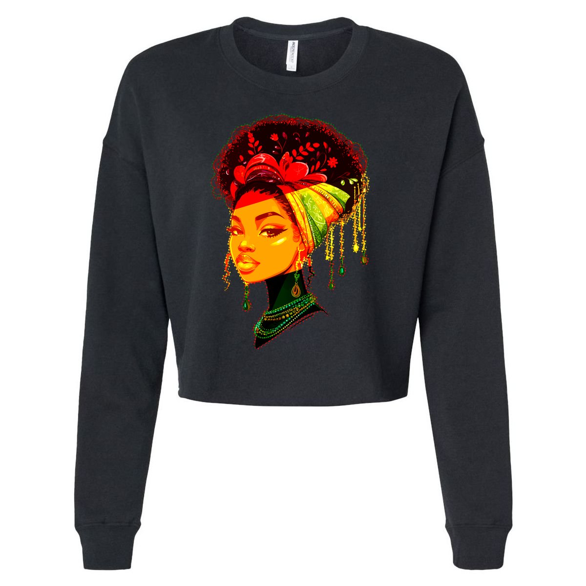 Elegant Black African American Woman With Afro Head Wrap Cropped Pullover Crew