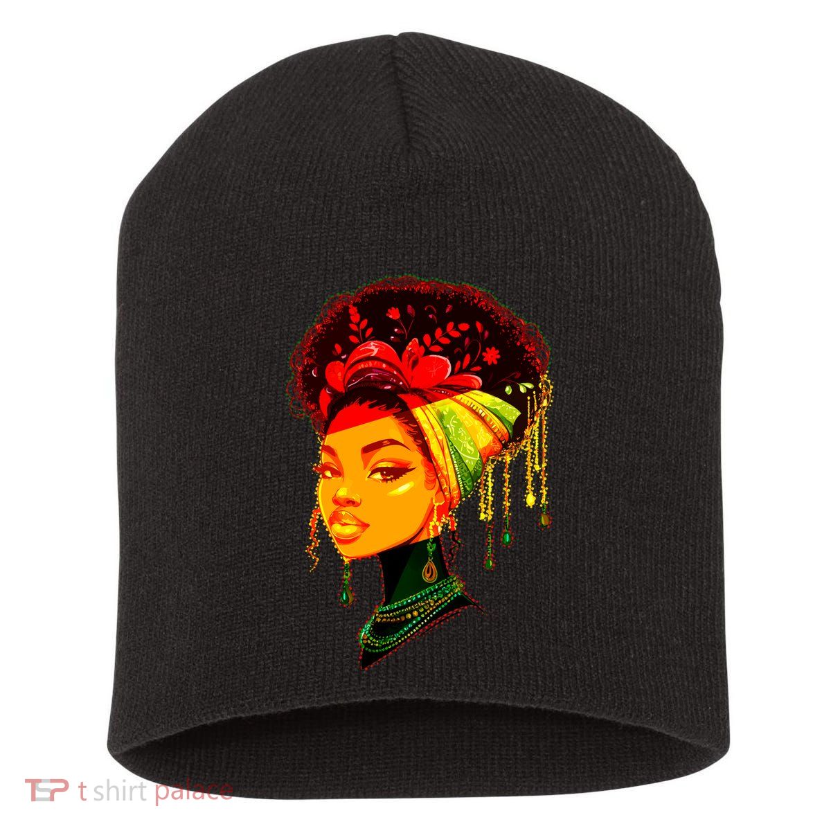 Elegant Black African American Woman With Afro Head Wrap Short Acrylic Beanie