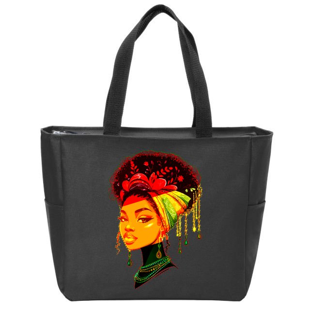 Elegant Black African American Woman With Afro Head Wrap Zip Tote Bag