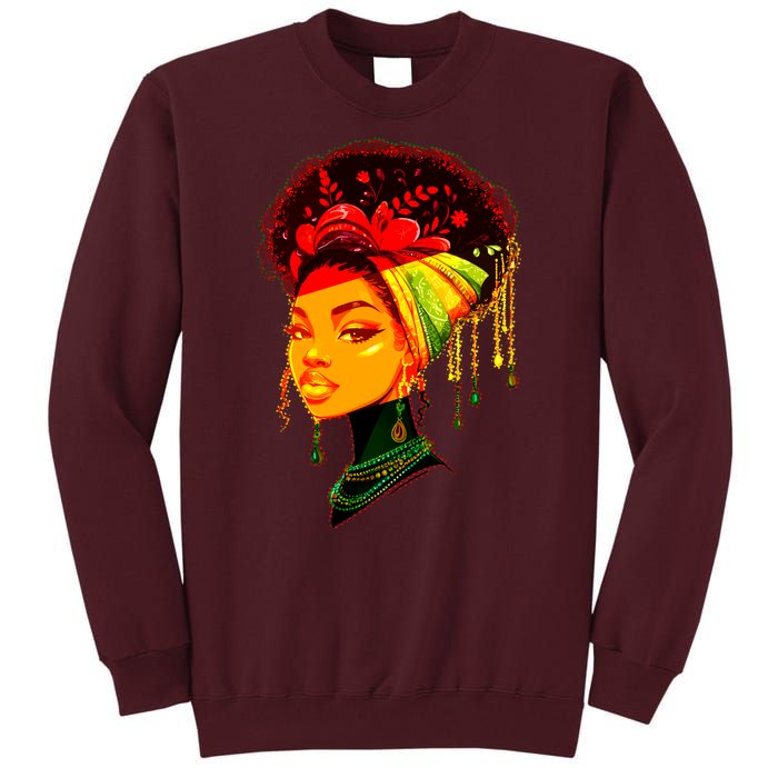 Elegant Black African American Woman With Afro Head Wrap Tall Sweatshirt