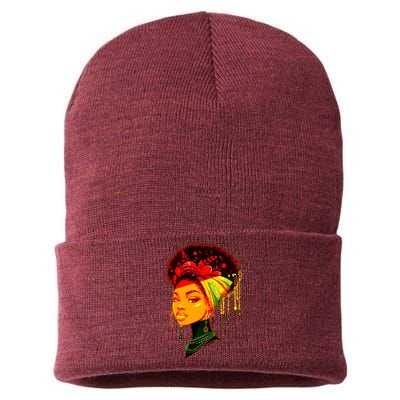 Elegant Black African American Woman With Afro Head Wrap Sustainable Knit Beanie