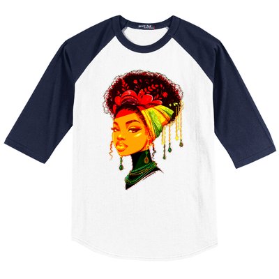 Elegant Black African American Woman With Afro Head Wrap Baseball Sleeve Shirt