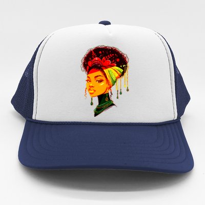 Elegant Black African American Woman With Afro Head Wrap Trucker Hat