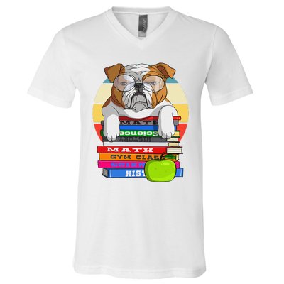 English Bulldog Back To School Book Worm Dog V-Neck T-Shirt