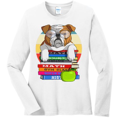 English Bulldog Back To School Book Worm Dog Ladies Long Sleeve Shirt