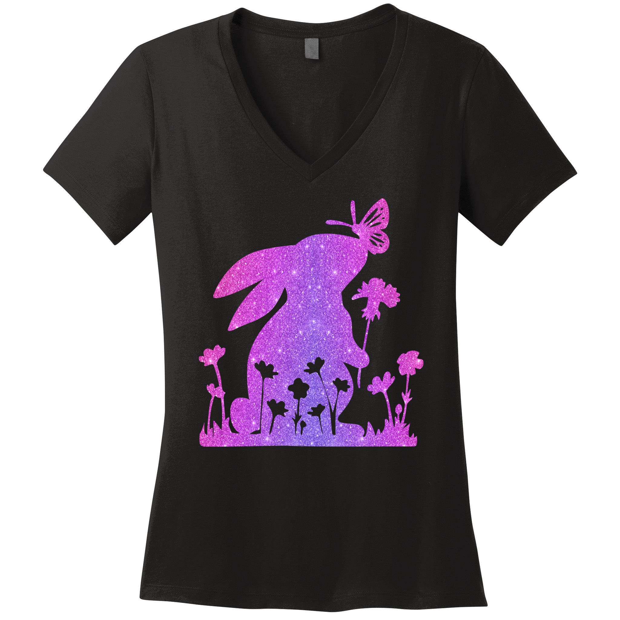 Easter Bunny Butterflies Flowers Women's V-Neck T-Shirt