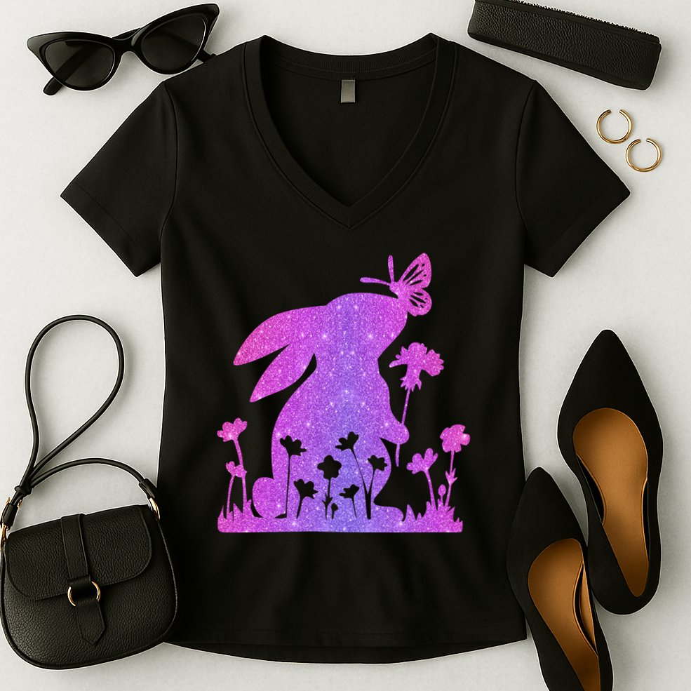 Easter Bunny Butterflies Flowers Women's V-Neck T-Shirt