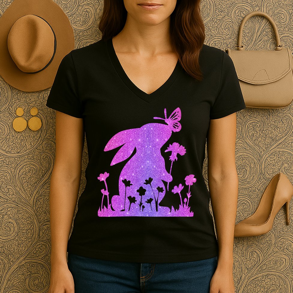 Easter Bunny Butterflies Flowers Women's V-Neck T-Shirt