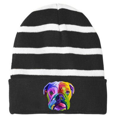 English British Bulldog Pop Art Portrait for Dog Owners Striped Beanie with Solid Band