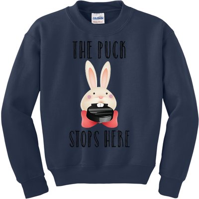 Easter Bunny Biting Hockey Puck The Puck Stops Here Kids Sweatshirt