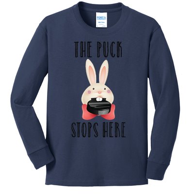 Easter Bunny Biting Hockey Puck The Puck Stops Here Kids Long Sleeve Shirt