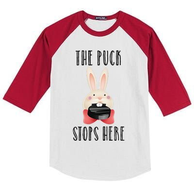 Easter Bunny Biting Hockey Puck The Puck Stops Here Kids Colorblock Raglan Jersey