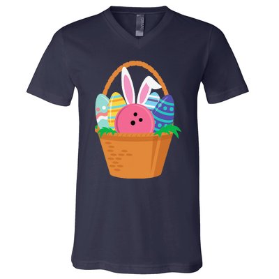 Easter Bunny Bowling Game Egg Basket V-Neck T-Shirt